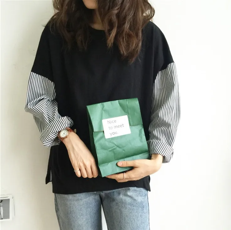 

Wholesale 2021 Spring and Summer Korean Casual Loose BF Wind Cotton Striped Stitching Literary Comfortable Long-sleeved T-shirt