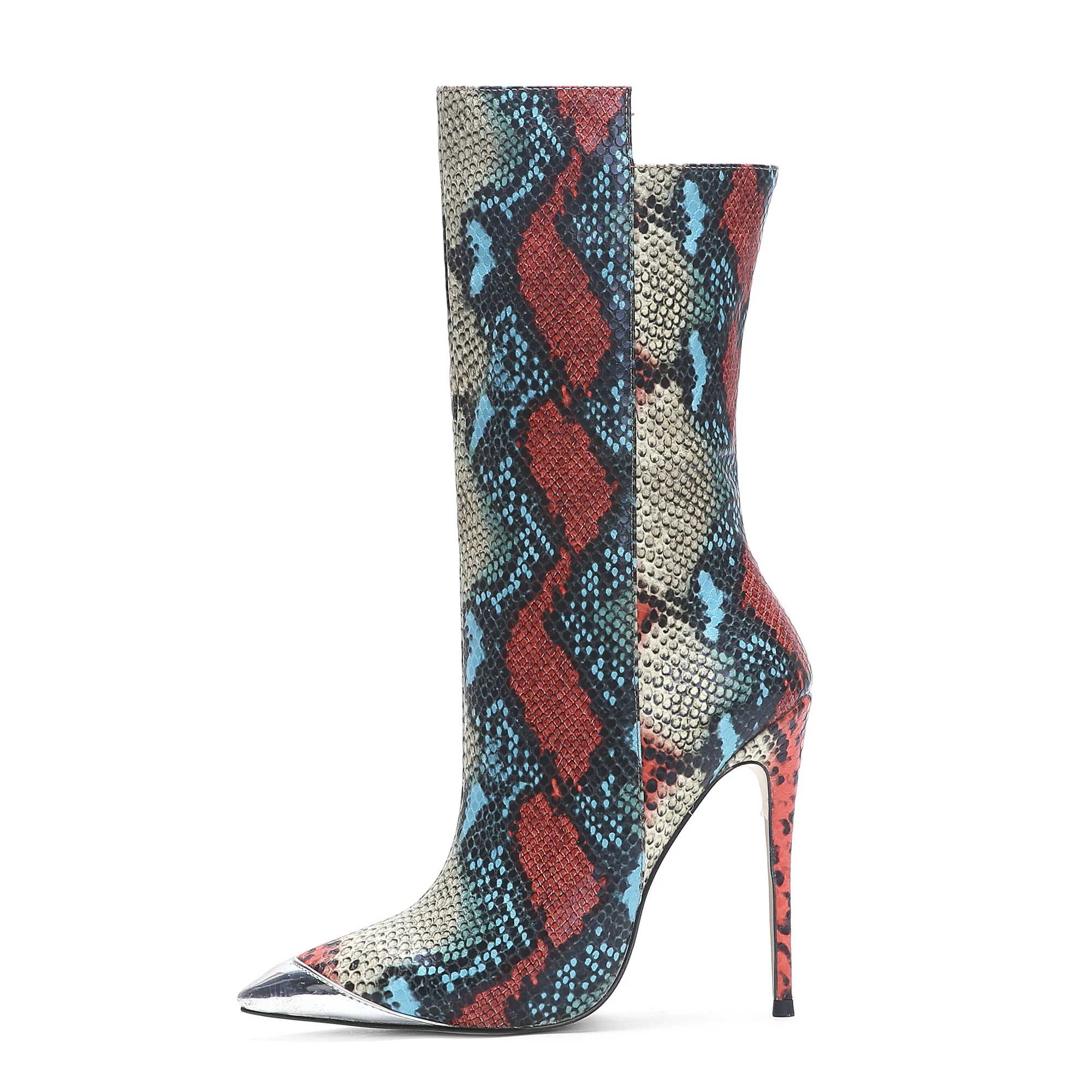 

Sexy Ladies High Heels Wide Calf Boots Pointed Toe Colorful Snake Skin Women Boots For Winter