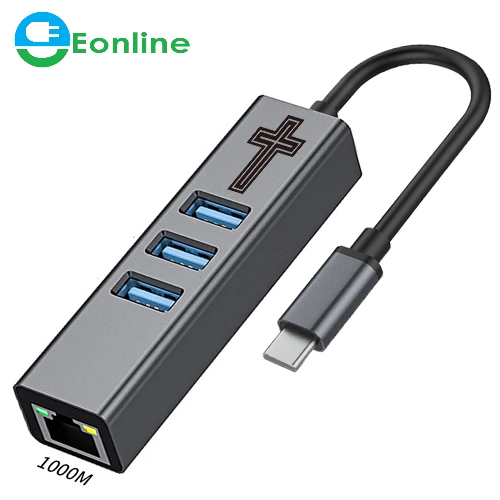 

EONLINE 3D USB C Hub Aluminum USB C Adapter 4 in 1 USB 3.0 Ports 1000Mbps RJ45 for MacBook