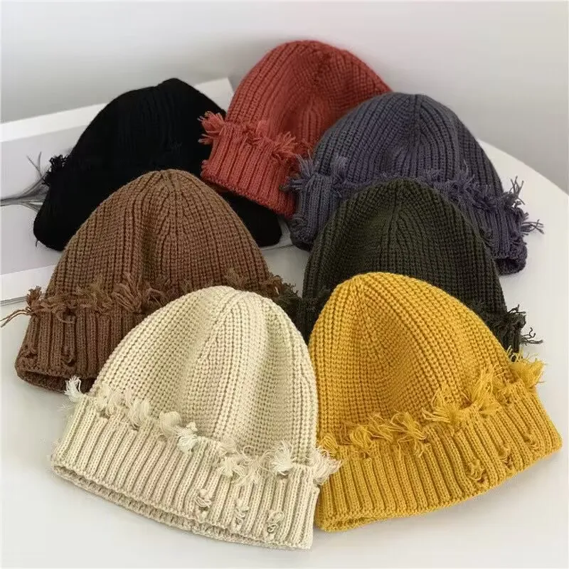 Wholesale Custom Logo Winter Warm Plain Fisherman Cuffed Acrylic Distressed Knitted Beanie Hat Skull Cap