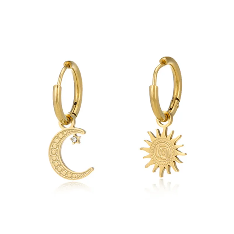 MICCI Wholesale Jewelry 18k Gold PVD Plated Stainless Steel Sun and Moon Star Drop Charms Hoop Earrings for Women