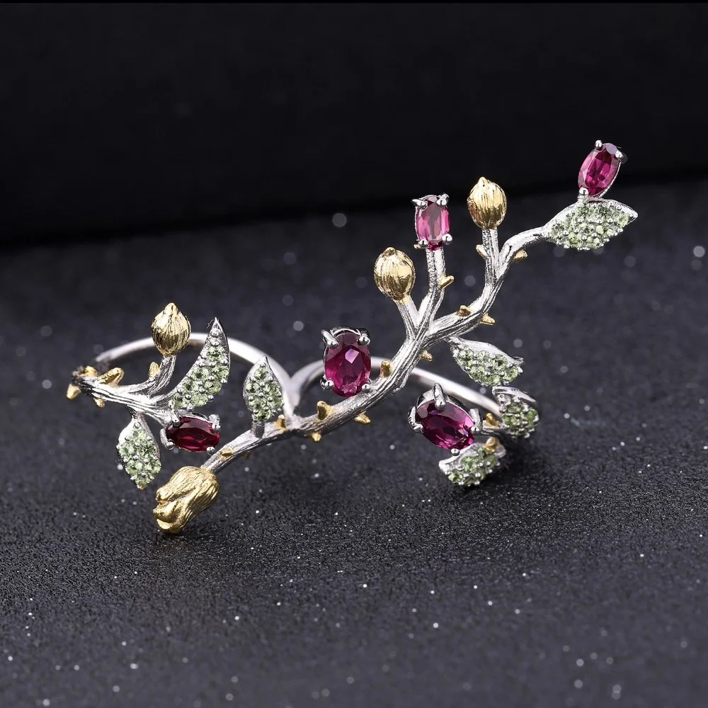 

Abiding Tree Double Finger Ring Natural Rhodolite Garnet Gemstone Adjustable Sterling Silver Jewelry 925 Rings For Women