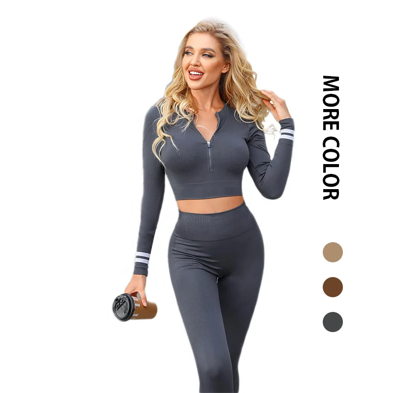 

2021 high quality long sleeved with zipper and gym wear legging workout women sets