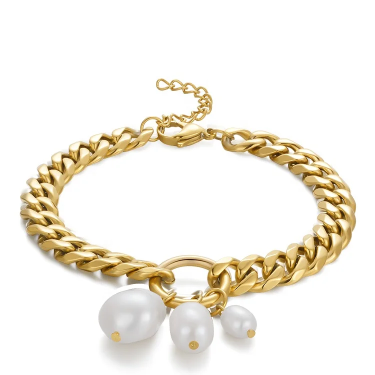 Latest High Quality 18K Gold Plated Stainless Steel Jewelry Natural Pearl Pendant Thick Chain  Bracelet B212238