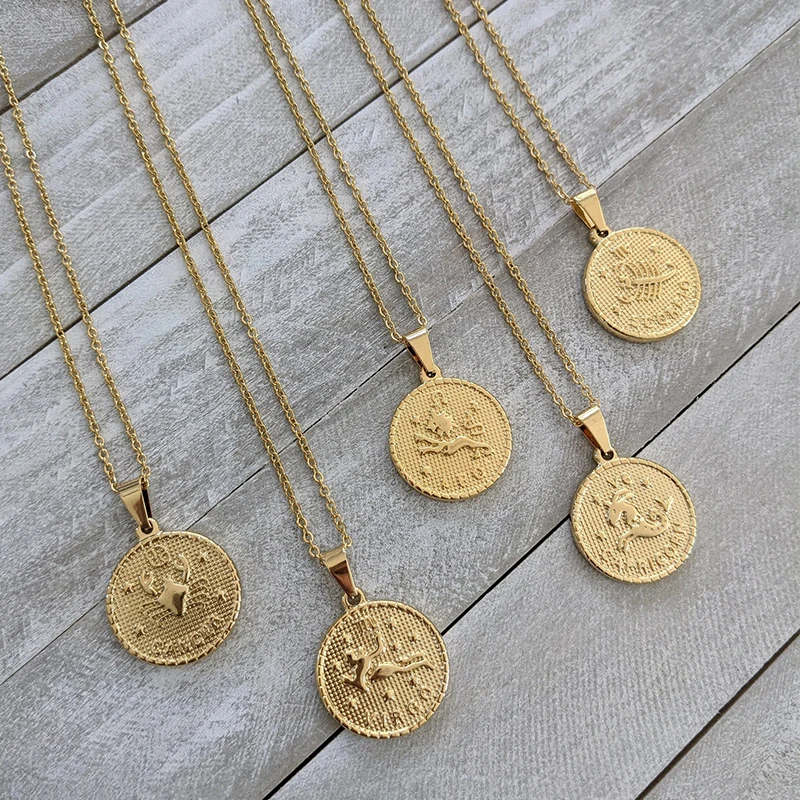 

High Quality Women Jewelry 18K Gold Plated Coin Stainless Steel Horoscope Zodiac Necklace For Women