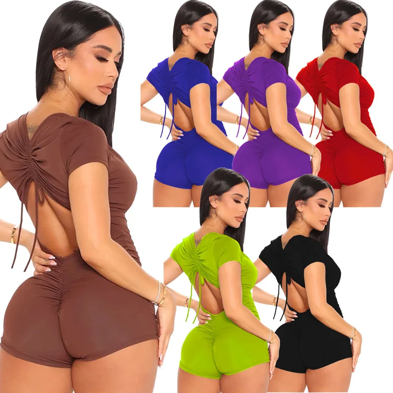 

2021 hot solid color short clothing for women back short sleeves hole cut out summer romper jumpsuits playsuits bodysuits, Green, black, grey, blown