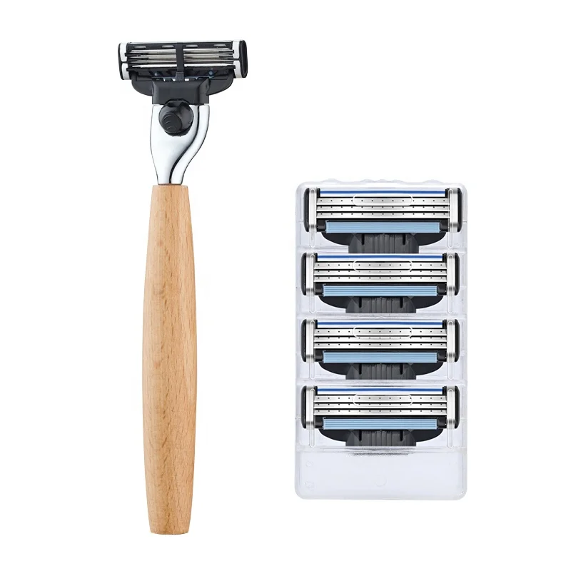 

Triple Blade Eco Razor Wooden Handle Bamboo Shaving Razor with Razor Recycled Paper Box