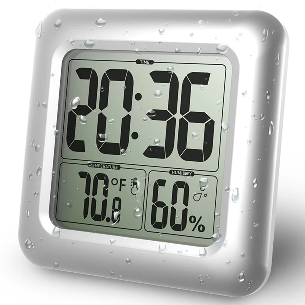 

Digital Bathroom Shower Wall Clock Waterproof for Water Spray Temperature,Seconds Counter, Moisture Proof, Large Display, Silver