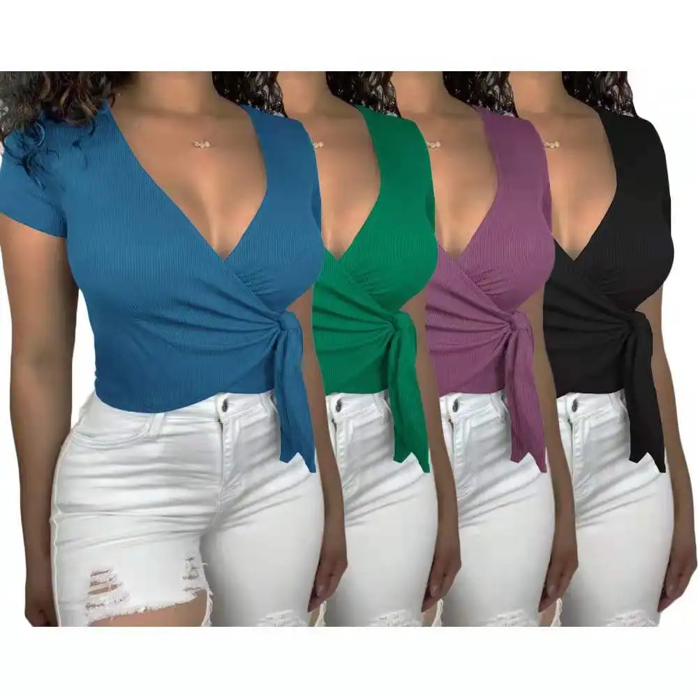 

2022 Chic Design Vintage Deep V Neck Lace Up Crop Top Women Solid Short Sleeve T Shirt Streetwear, Customized color