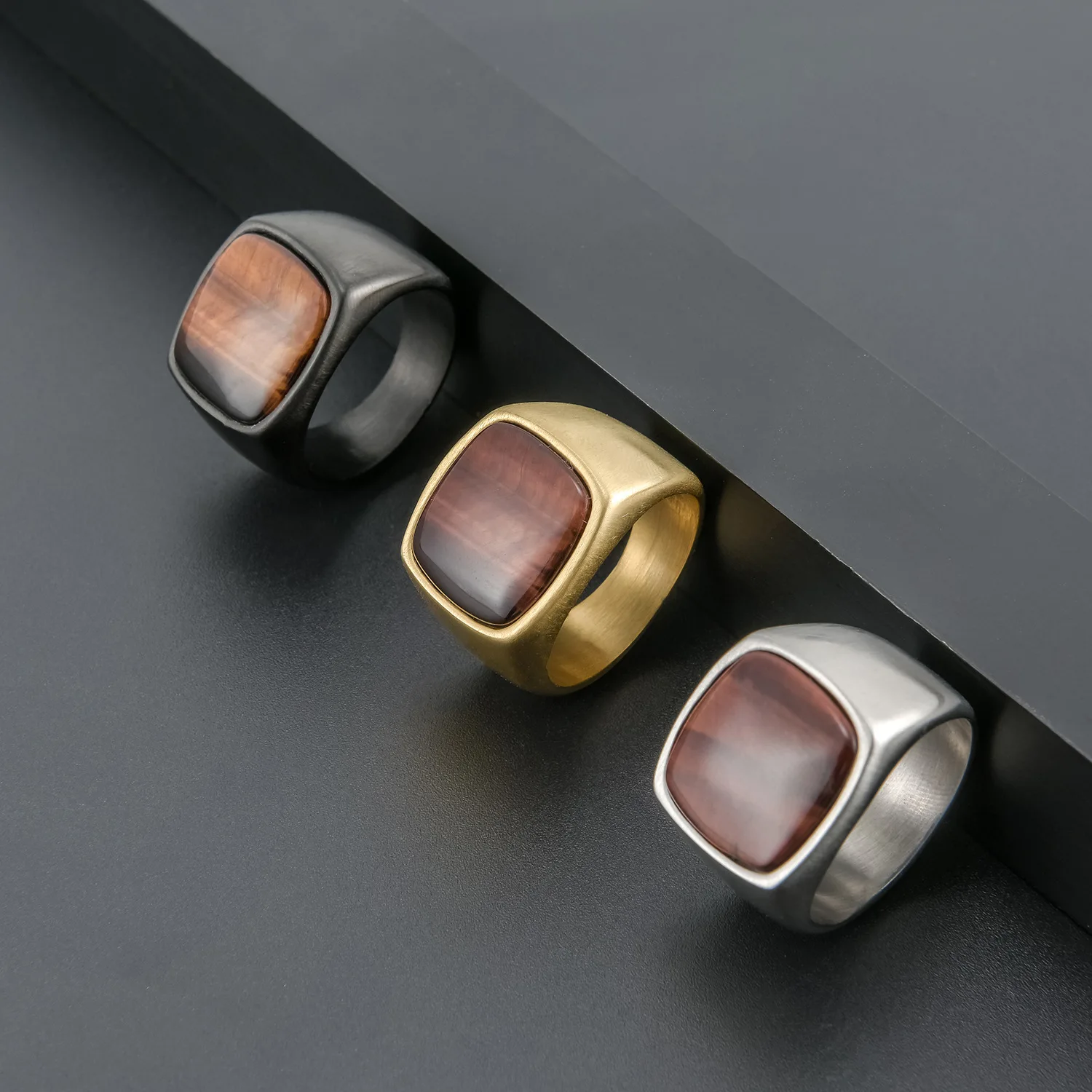 Yiwu Natural Stone Finger Ring Titanium Steel Men Marble Wood Grain Inlay Square Large Stone Rings