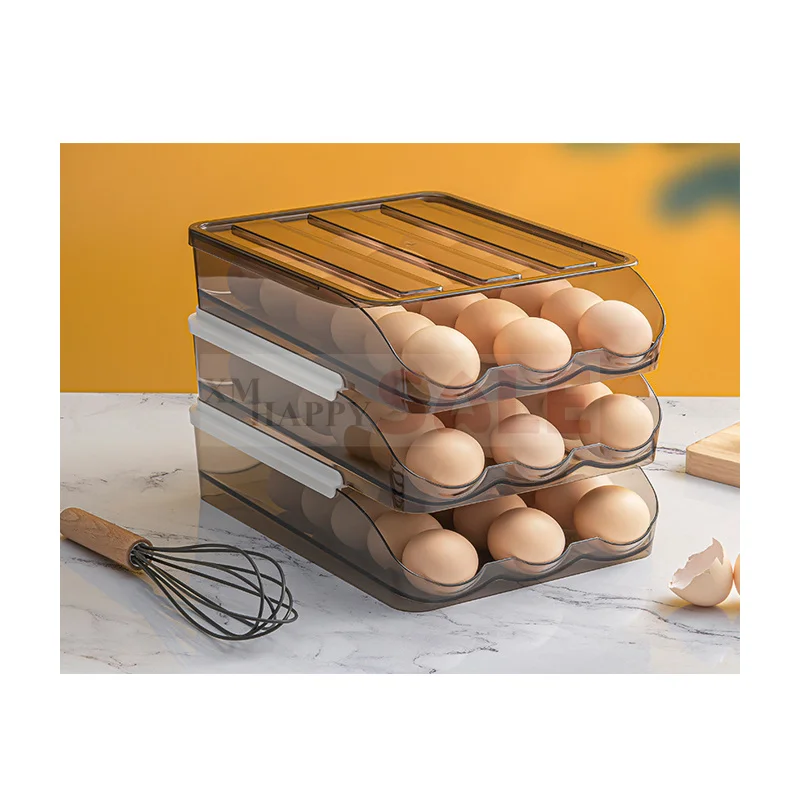 

New Type Automatic Rolling 3 Layers Kitchen Refrigerator Fresh Keeping Storage Slide Type Egg Box, Transparent+tea color