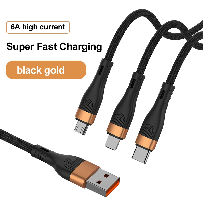 

Factory Customized Fully compatible 6a fast charge fast charging 3 in 1 Type c usb data cable For Apple, Android, huawei, Orange red/black gold/dark green