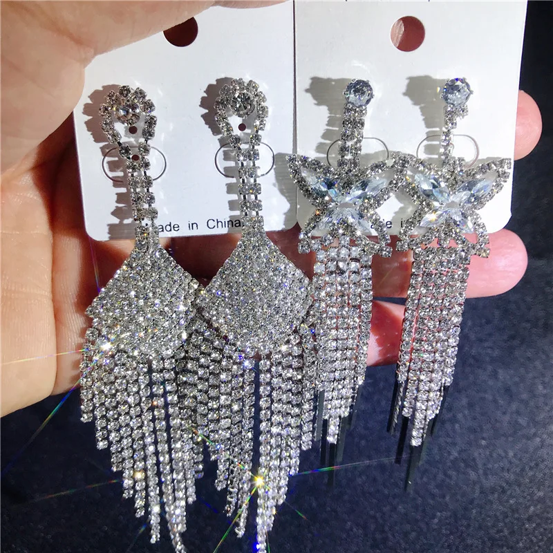 

Wholesale Shiny Bling Zircon Bridal Earrings Jewelry Dainty Micro Pave Iced Out Cubic Zirconia CZ Long Tassel Earrings For Women