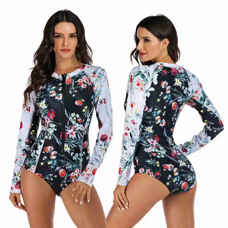 

Wholesale Zipper Long Sleeve Padded Bathing Suits One Piece Wrap Floral Beachwear Women Ladies Swimwear Swimsuit