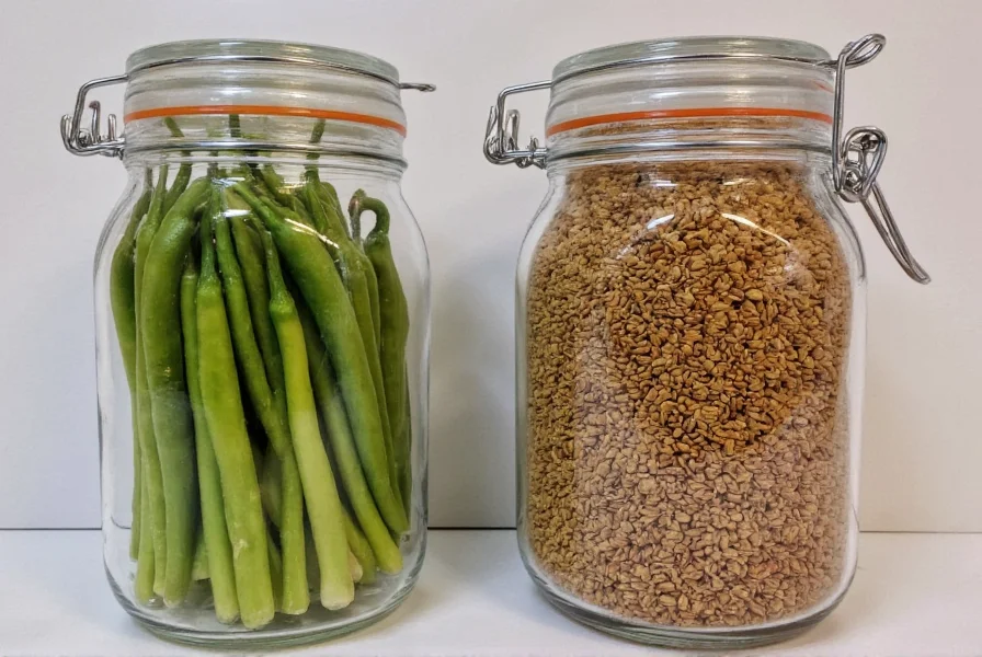 Long pepper spikes next to ground long pepper in glass jars showing proper storage methods