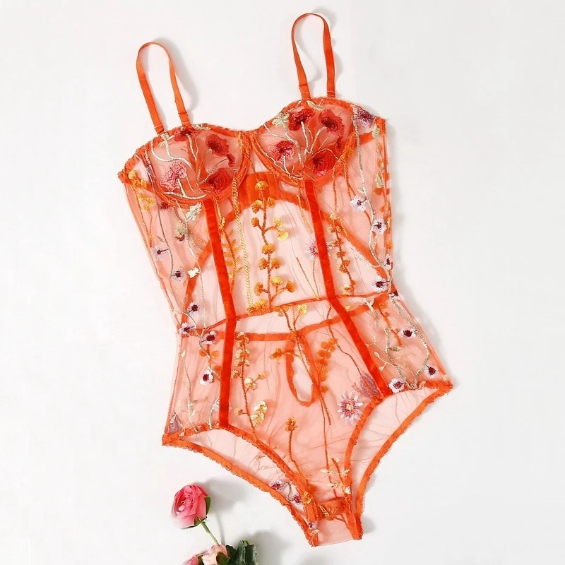 

European American fashion sexy women's conjoined aquatic plants Floral Embroidered Mesh Underwire Teddy Bodysuit, Black / blue / orange, bright