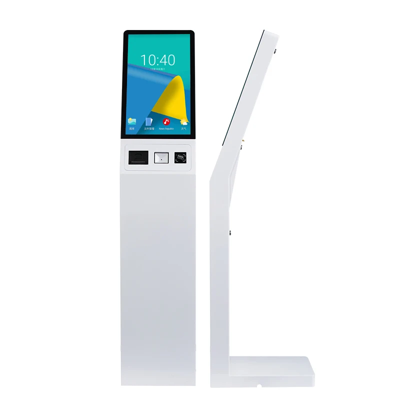 

Floor standing true flat capacitive touch screen 21.5 32 inch PC printer QR code scanner all in one kiosk with wifi