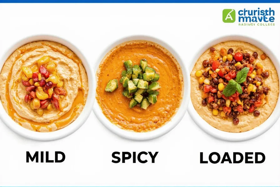 Variations of chili cream cheese dip showing mild, spicy, and loaded versions with different toppings