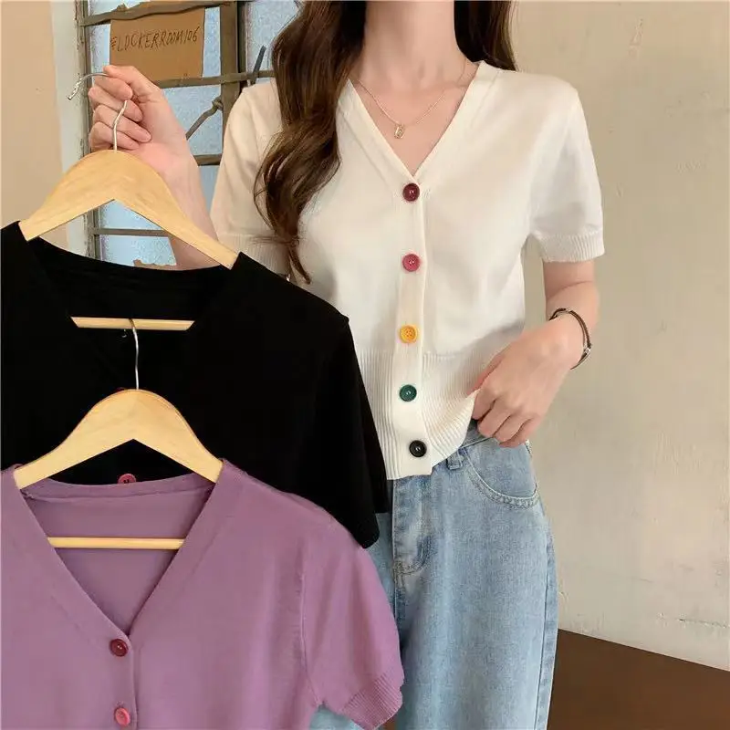 

V-neck ice silk short-sleeved T-shirt 2021 summer new style small fresh and age-reducing slim short knitted cardigan top, Red white black blue dark gray