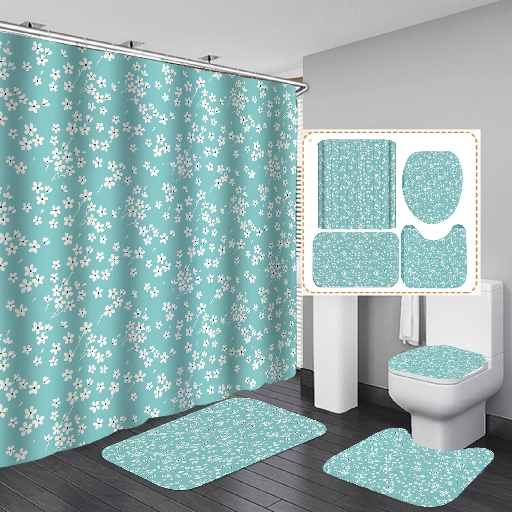 

Wholesale Water-proof Polyester Shower Curtains and Mat Set Cute Flowers Printed Lovely Durable Bathroom Liner Cortina de bano, As the pictures