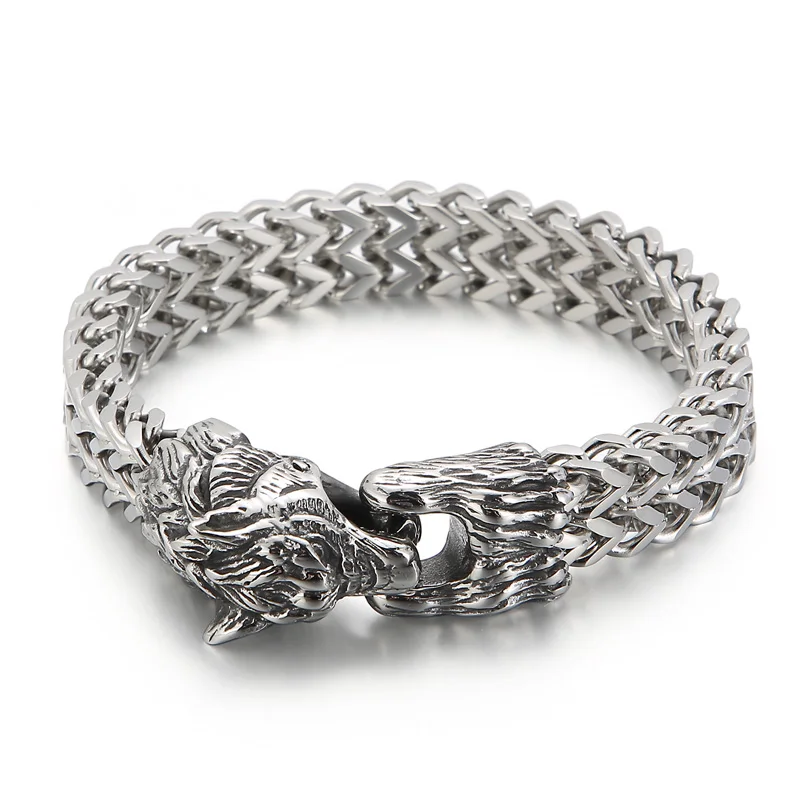 KALEN 22cm Punk Stainless Steel Bracelet Wolf Head Chain Men Bracelet