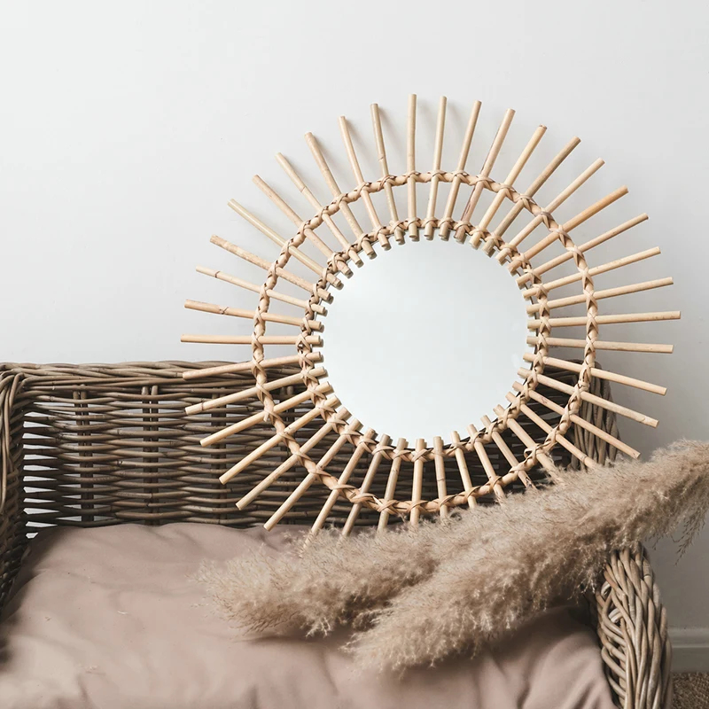 

2021 New Natural Round Antique Furniture rattan Wall Mirror Decorative Sun Shaped Mirror Glass for Bathroom