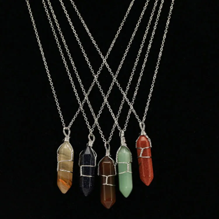 

Natural stone glass six corner neck chain fashion double decker moon crescentullet pendulum Pendant Necklace, As pic