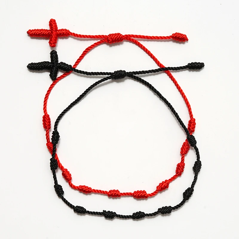 

Wholesale In Stock Colorful Handmade Knotted Rosary Nylon Rosary Ethnic Red Hand Rope Cross Bracelet, Picture shown