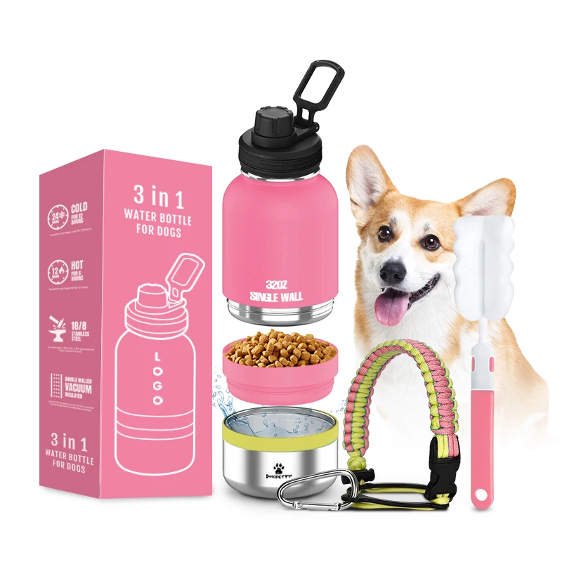 

32oz single wall stainless steel pet water bottle 3 in 1 dog water bottle with base bowl colorful logo accepted