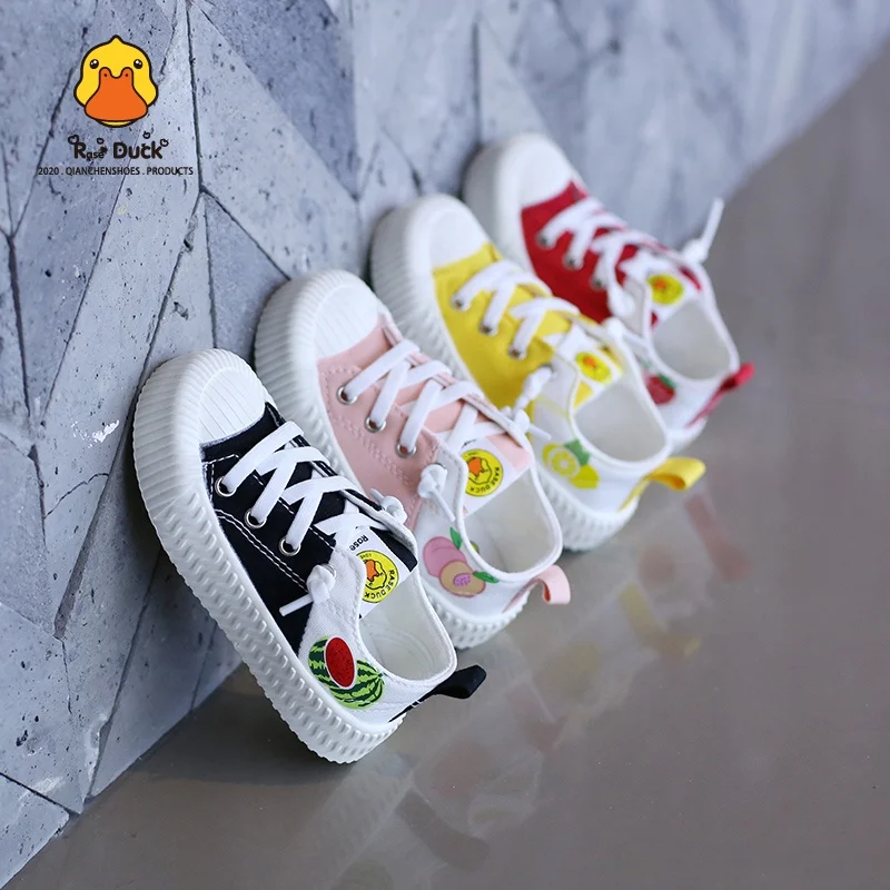 

2020 High quality new design 2-6 years fruit print cotton fabric soft sole shell shoe front kid boys and girls baby canvas shoes, Pink, red, black, yellow