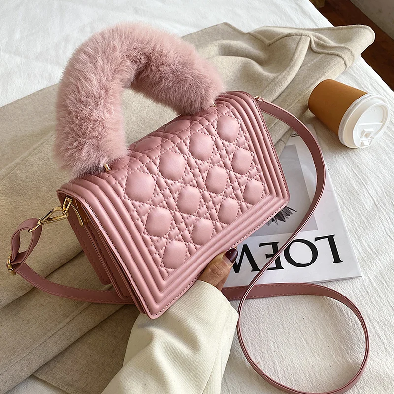 

Fashion square winter fluffy single shoulder women PU mini purses leather handbags from china