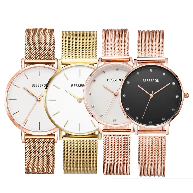 

2022 Women Leather Gold Women Wrist Diamond Watch Private Label Stainless Steel Mesh Luxury Watches, Rose gold/silver/black or customizable