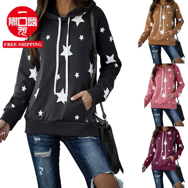 

2021 hot style women's European and American tops five-pointed star print long-sleeved hooded sweater