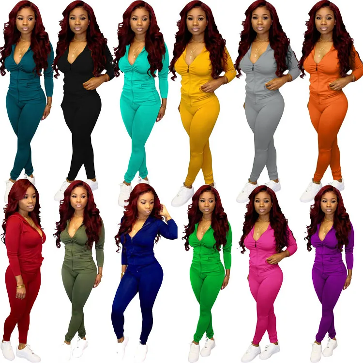 

Wholesale long sleeve hooded outfits two piece set womens sweat suits, 12 colors