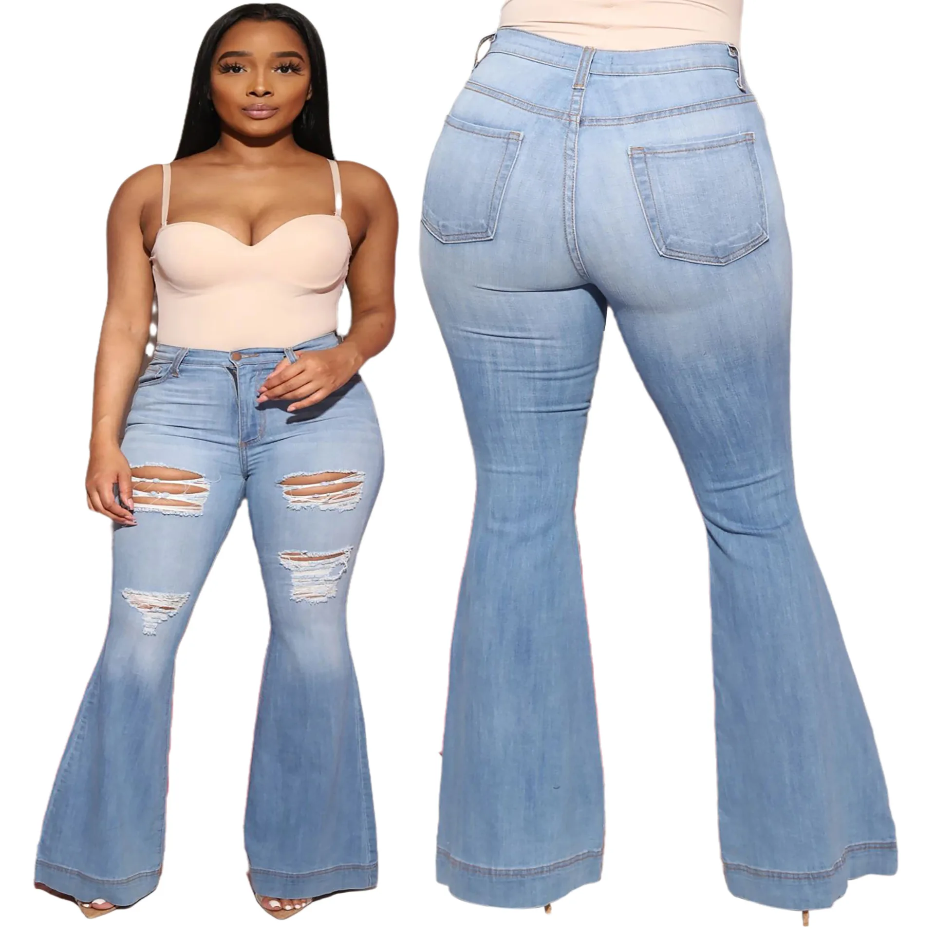 

Wholesale Amazon Rippered Knee Hole Slim Fit Trousers Denim Stretch Plus Size Flared Pants Mid Waist Sexy Women's Jeans, Shown