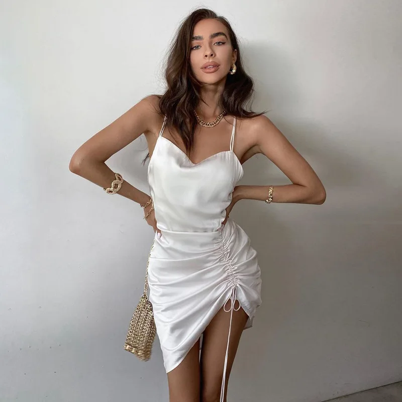 

Summer New Arrival Women's Dress Backless Sling Draw Pleated Wholesale Dropshipping Dress, White