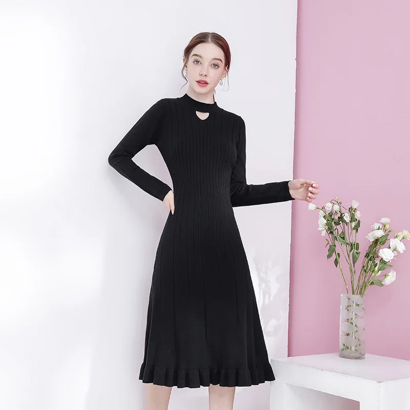 

New Autumn Casual Round Neck Long-sleeved Cozy Solid Color Hollow Heart Fishtail Skirt Pullover Knitted Women's Sweater Dress, Customized color