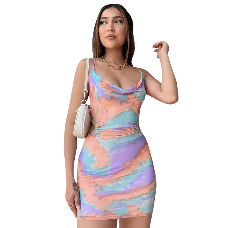 

Europe and the United States summer fashion tie-dye printing high waist low breast sexy halter dress