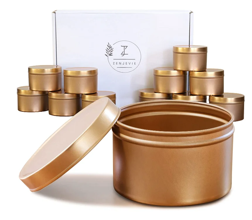 

Wholesale 4oz 8oz 10oz luxury metal candle tin cans small round seamless candle tin unique gold candle tin jar