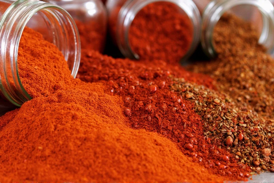 Close-up view of various hot pepper spice varieties including cayenne, crushed red pepper, and chipotle powder in glass jars