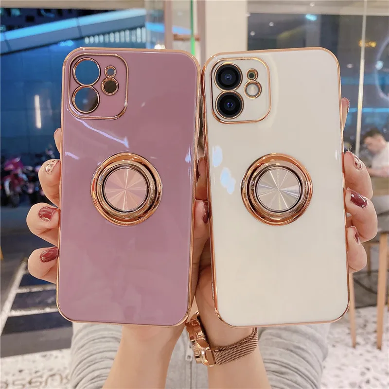 

Soft silicone Plating Ring Holder Phone Case For iPhone 12 11 Pro Max Mini XS Max XR X 7 8 Plus 12Pro 11 Shockproof Stand Cover, Multi colors