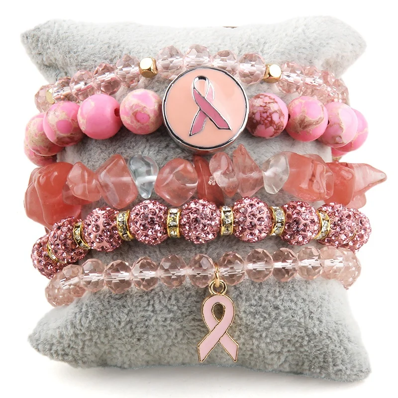 

New Special 5pc Jewelry Pink Ribbon World Cancer Day Icon Natural Stone Gravel Rhinestone Cancer Icon Charm Stack Bracelets Set