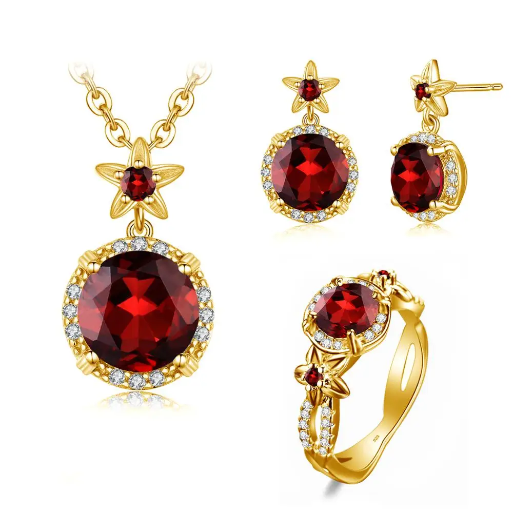 

Szjinao Boho Flower Engrave Ring Earrings Pendant Garnet Diamond Silver 925 Gold Plated Dubai Jewelry Sets Jewellery