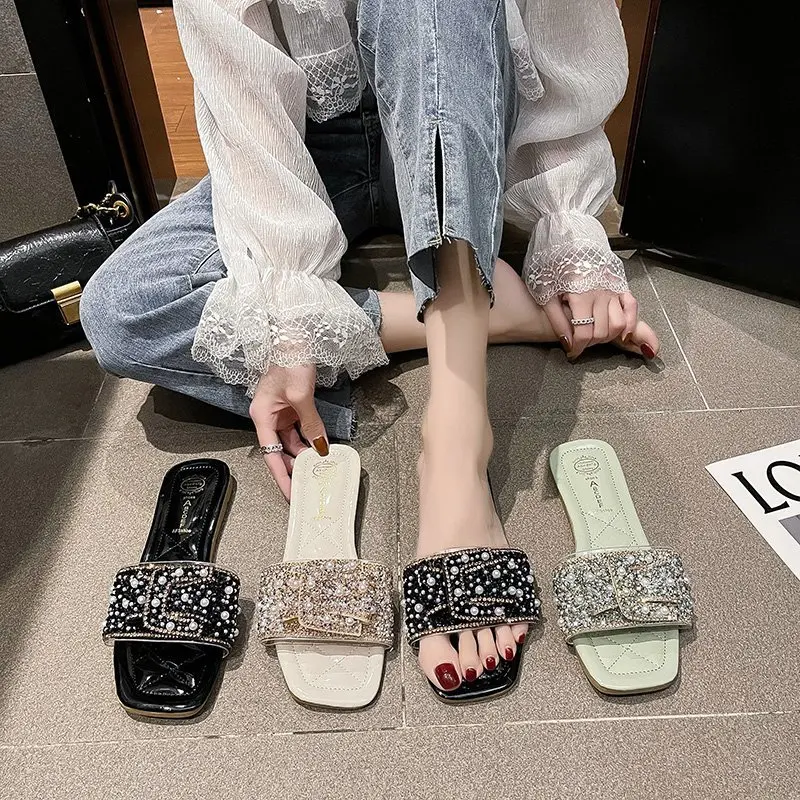 

Korean New Square Head Pearl Sandals Slippers Women Summer Flat Sandals Summer Slippers 2021, Customized color
