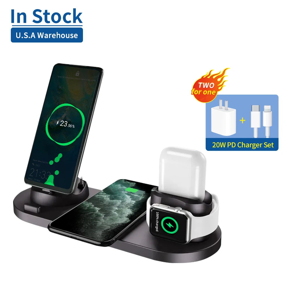 

1 for HOT Custom wholesale Six in One Multi-function 10W 15W Qi Wireless Charger for ipone 13 14 pro max Wireless Charge