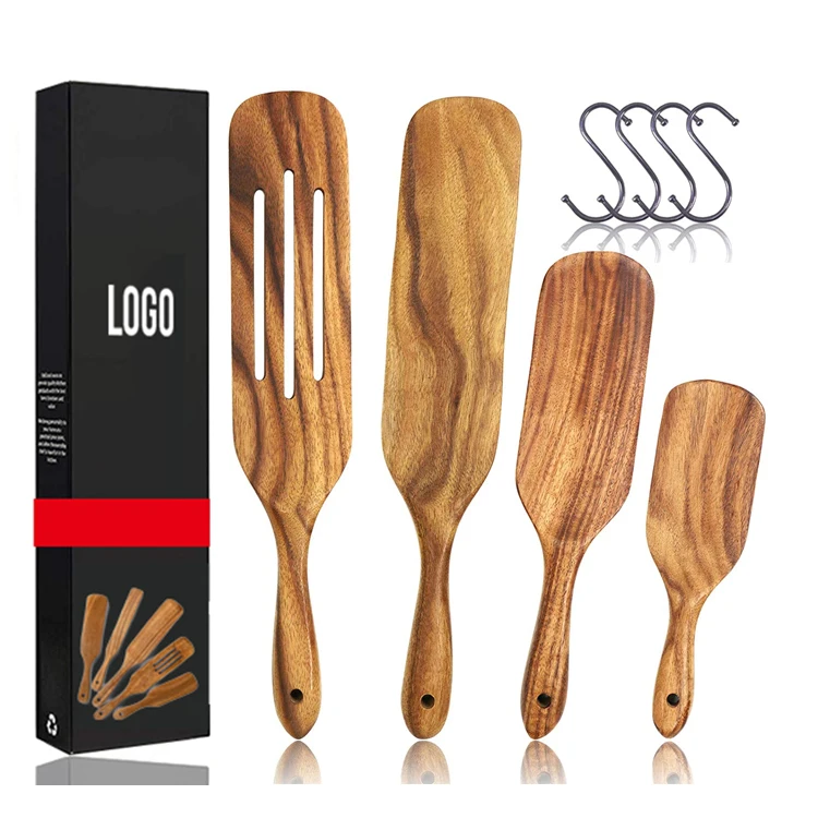 

Hot Sale Non Stick Cooking Utensils Natural Dark Teak Wooden Stirring Spurtles Kitchen Tools Set of 4