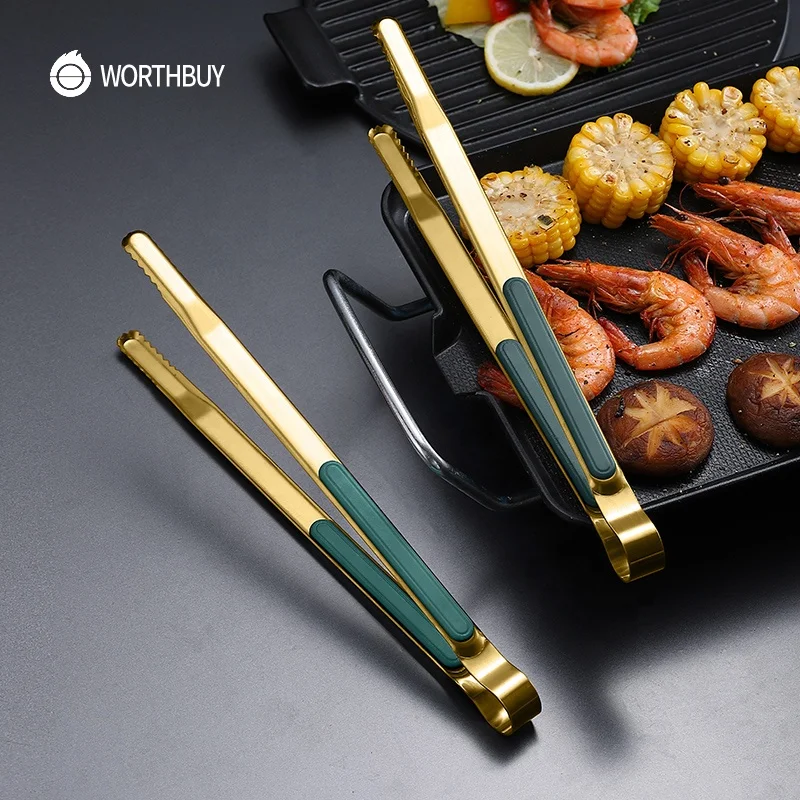 

WORTHBUY Gold Stainless Steel Food Tongs Non-Slip Serving Tongs For BBQ Meat Salad Bread Kitchen Accessories Cooking Utensils, Green