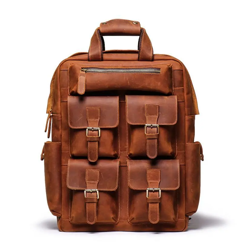 

Large capacity multi-pocket vintage crazy horse leather outdoor laptop backpack for men, Dark coffee,brown yellow,brown