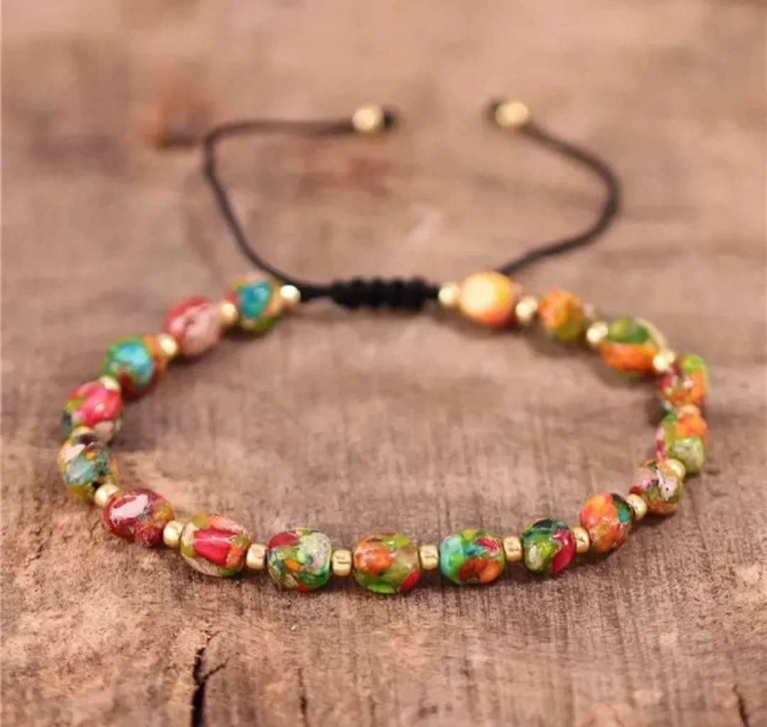 

Bohemian Colorful Jasper Tube Beads Minimalist Bracelet Rainbow Natural Stone Adjustable Dainty Bracelet for Women Girls