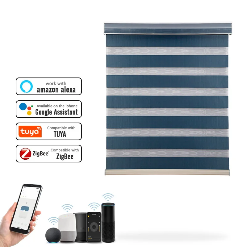 

High Quality Alexa Controlled Battery Operated Wifi Smart Automatic Zebra Motorized Roller Blinds Blackout Fabric For Windows, Customized color